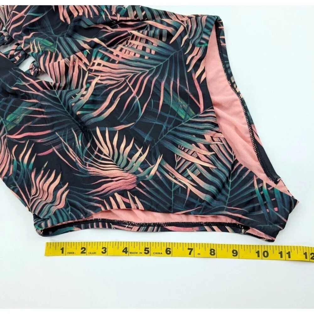 Bar III Swimsuit Women Medium One Piece Plunge Green Tropical Criss Cross Straps